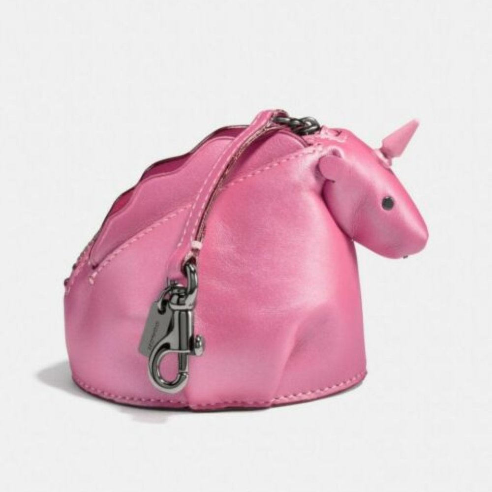 Coach Unicorn Metallic Pink keychain Bag Charm Coin Purse Stud Zipper NWT Leash - Picture 3 of 9